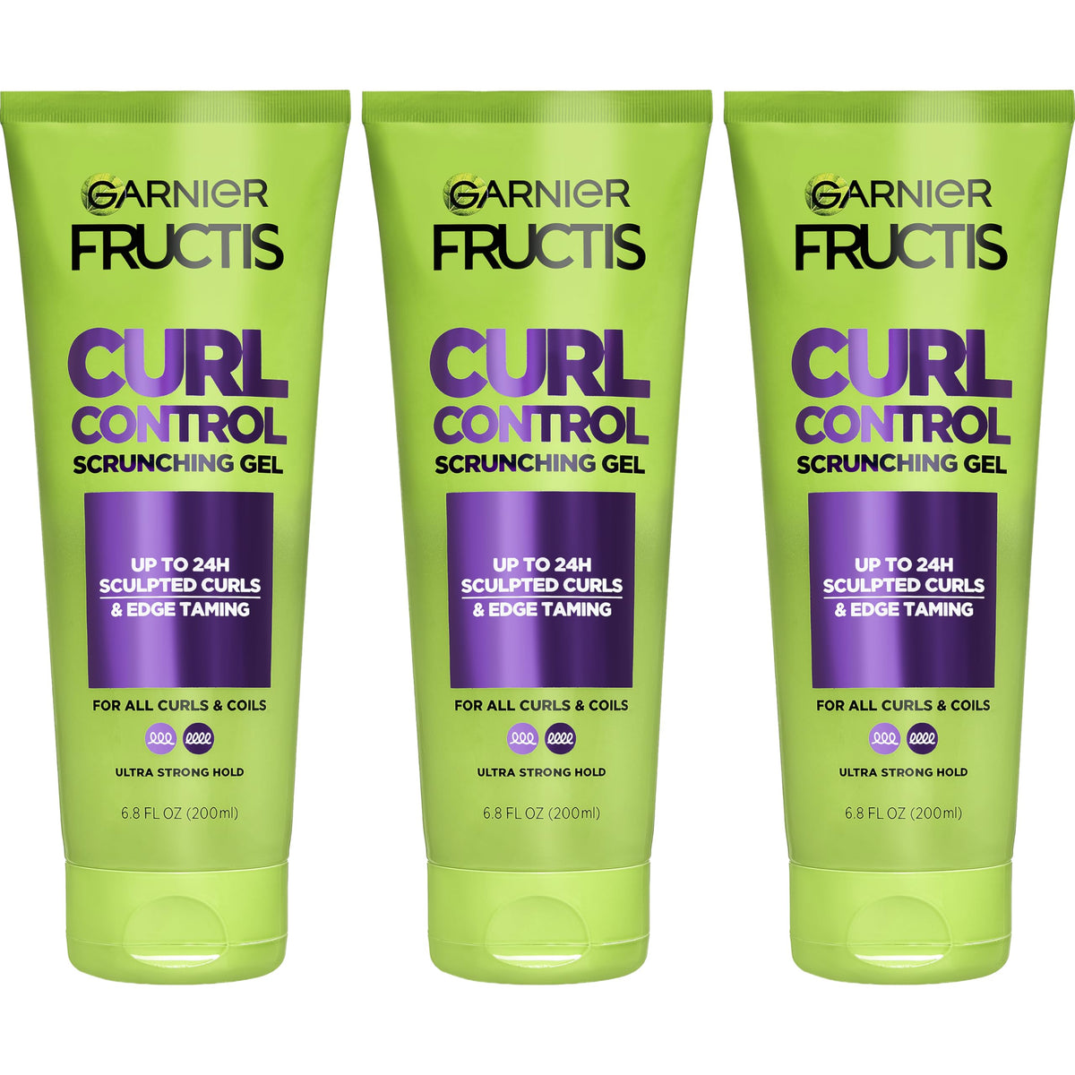 Garnier front packaging showing three 6.8 fl oz bottles and branding benefit