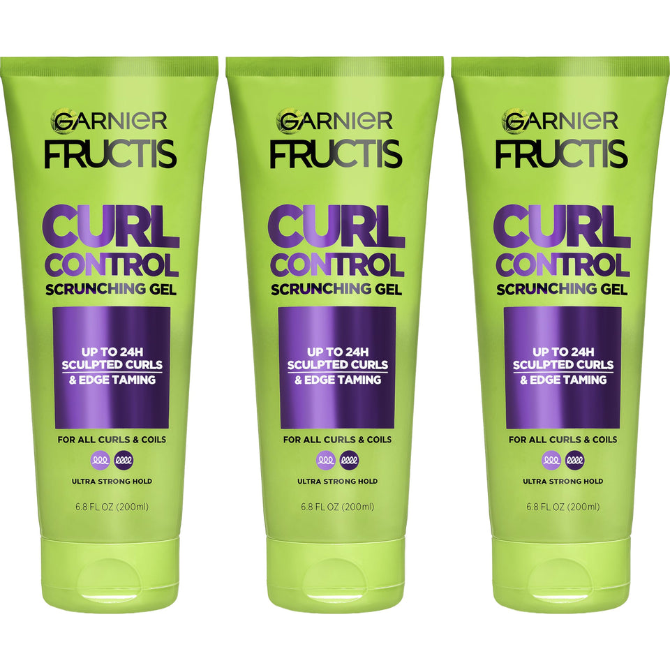 Garnier front packaging showing three 6.8 fl oz bottles and branding benefit