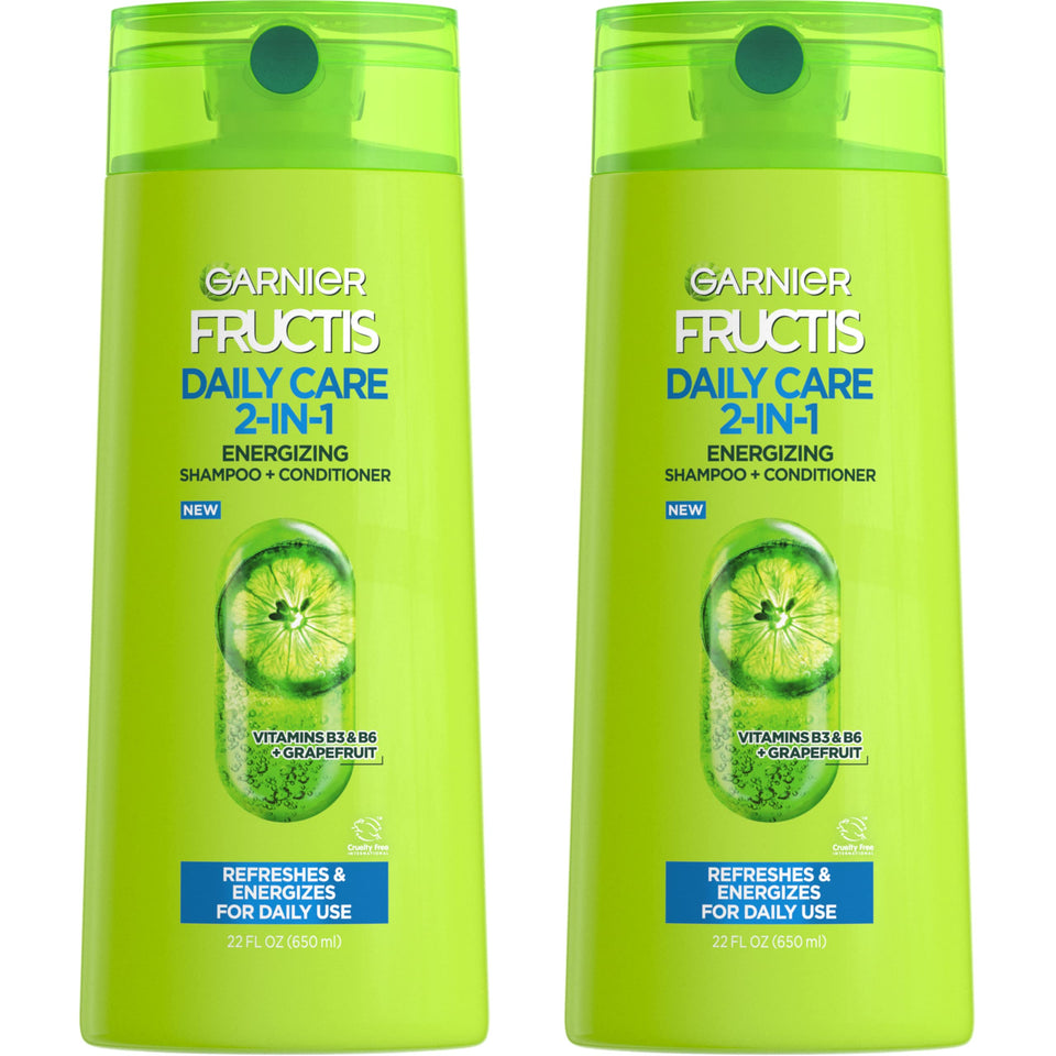 Garnier Fructis front packaging showing dual 22 oz bottles and label benefits