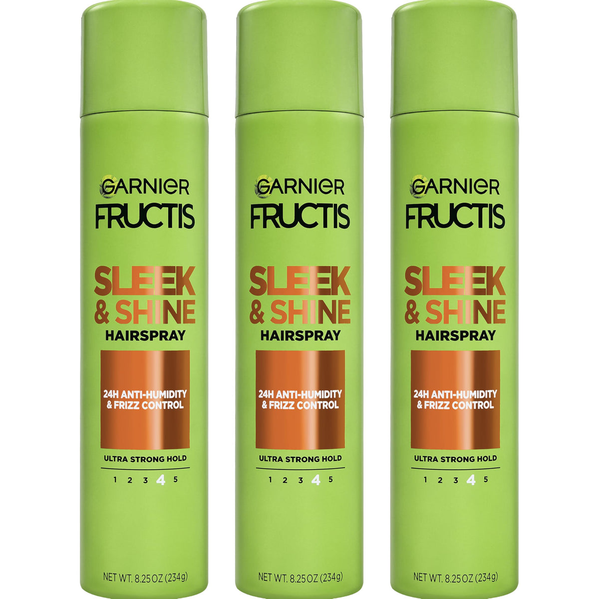 Garnier Fructis front packaging showing strong-hold spray for long-lasting sleekness