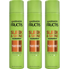 Garnier Fructis front packaging showing strong-hold spray for long-lasting sleekness