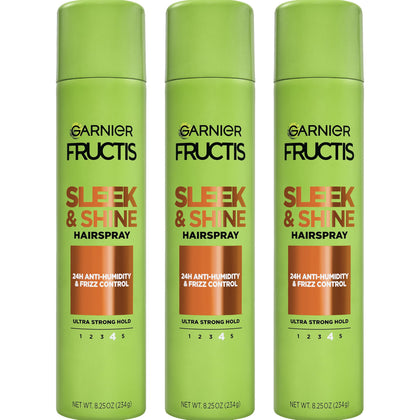 Garnier Fructis front packaging showing strong-hold spray for long-lasting sleekness