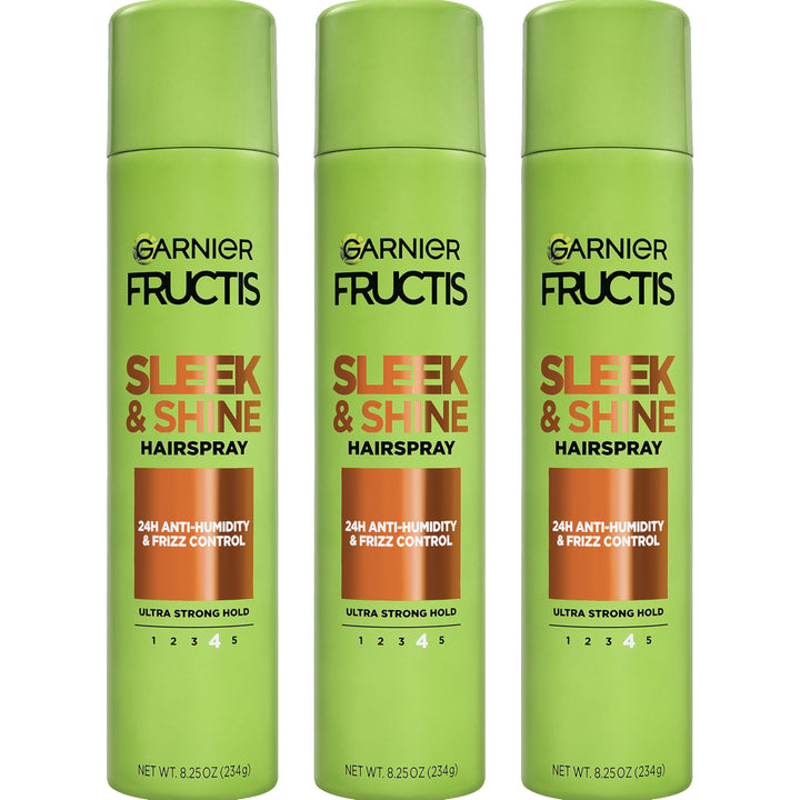 Garnier Fructis front packaging showing strong-hold spray for long-lasting sleekness