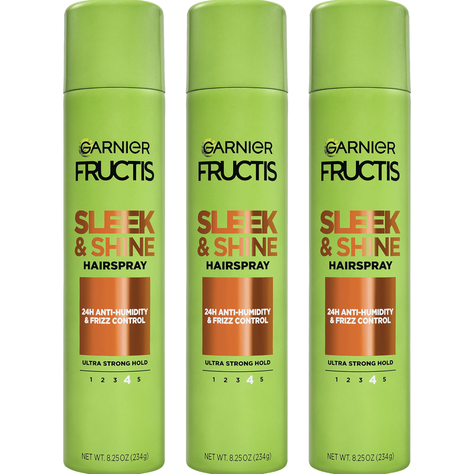 Garnier Fructis front packaging showing strong-hold spray for long-lasting sleekness