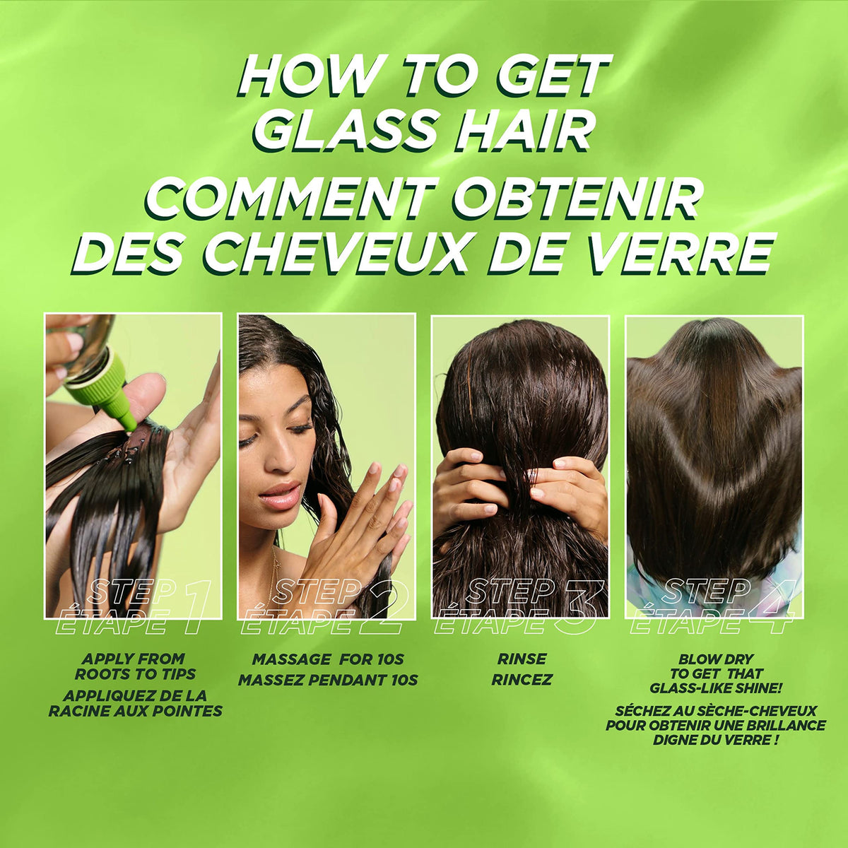 Garnier visible before and after hair comparison showing increased shine
