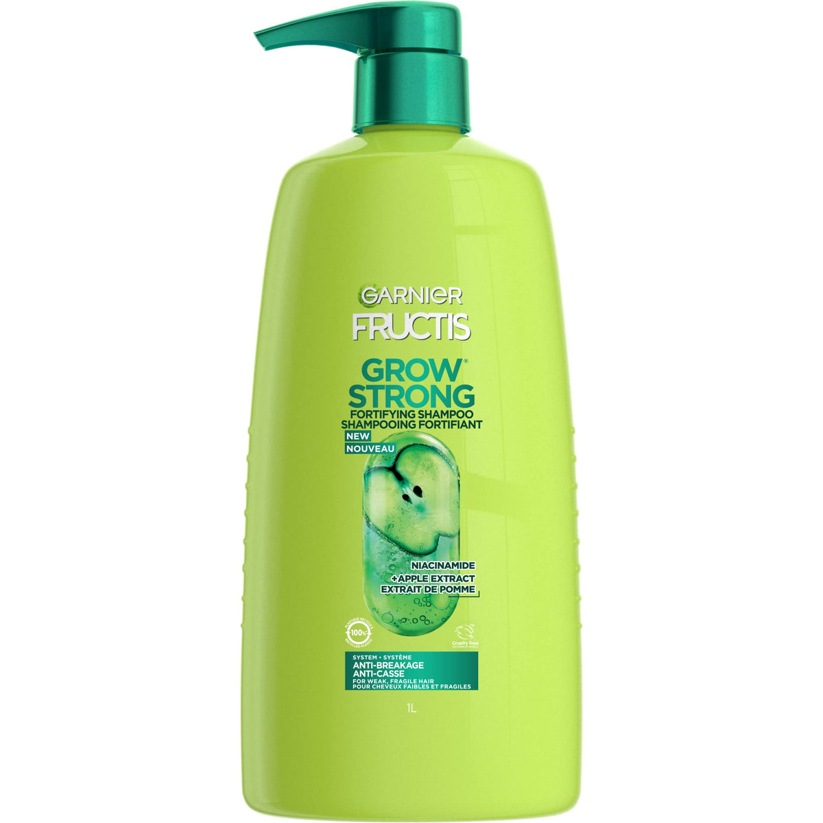 Garnier bottle front view showing Grow Strong label and size with clear benefits