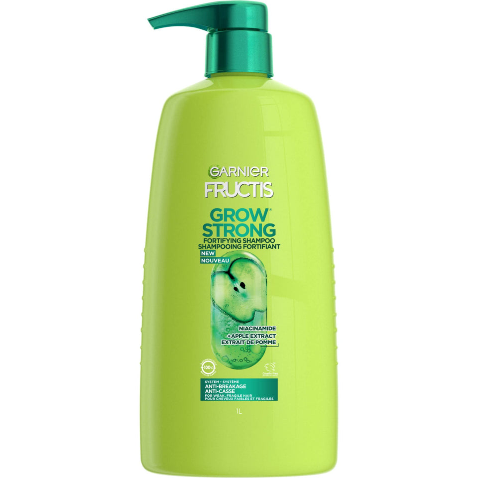 Garnier bottle front view showing Grow Strong label and size with clear benefits