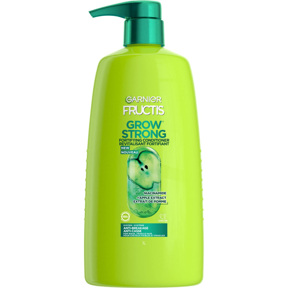 Garnier Fructis Grow Strong front packaging showing bottle and label, highlights large size and strength benefit