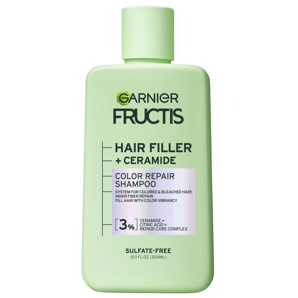 Garnier Fructis front packaging showing bottle and vibrant label, highlights repair benefits