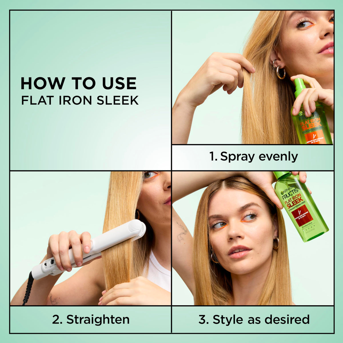 Garnier Fructis mist being applied to dry hair for better flat iron glide and frizz control