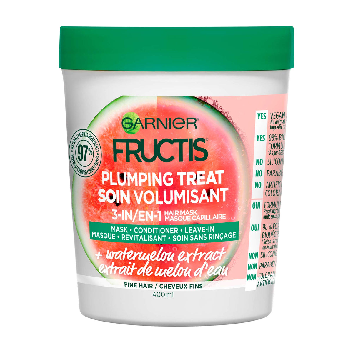Garnier Fructis front jar showing label and plumping benefit for lightweight volume