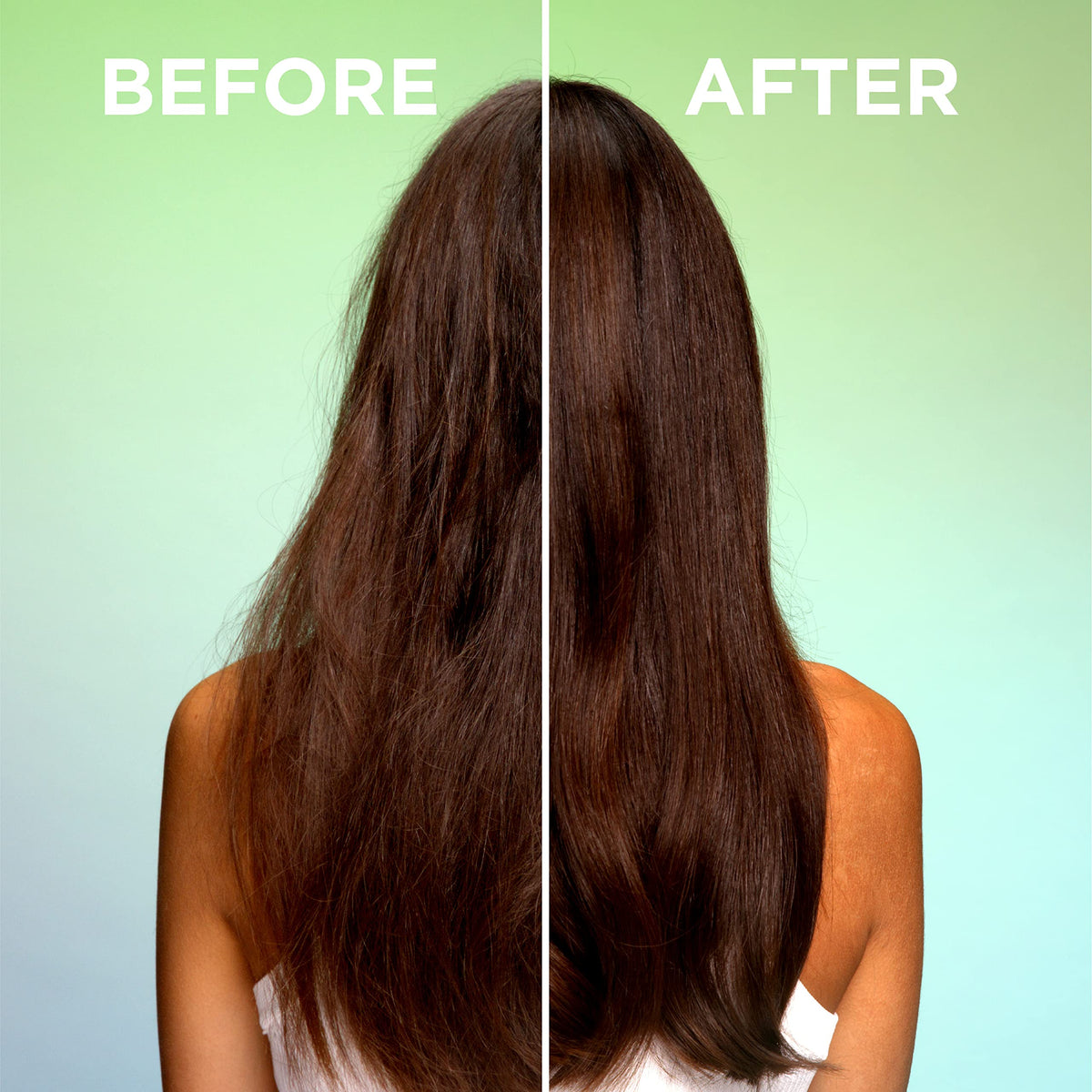 Garnier Fructis applied on hair before and after showing smoother, shinier finish