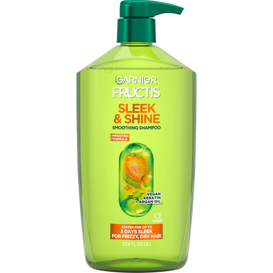 Garnier Fructis front packaging showing large 33.8 fl oz bottle with benefits
