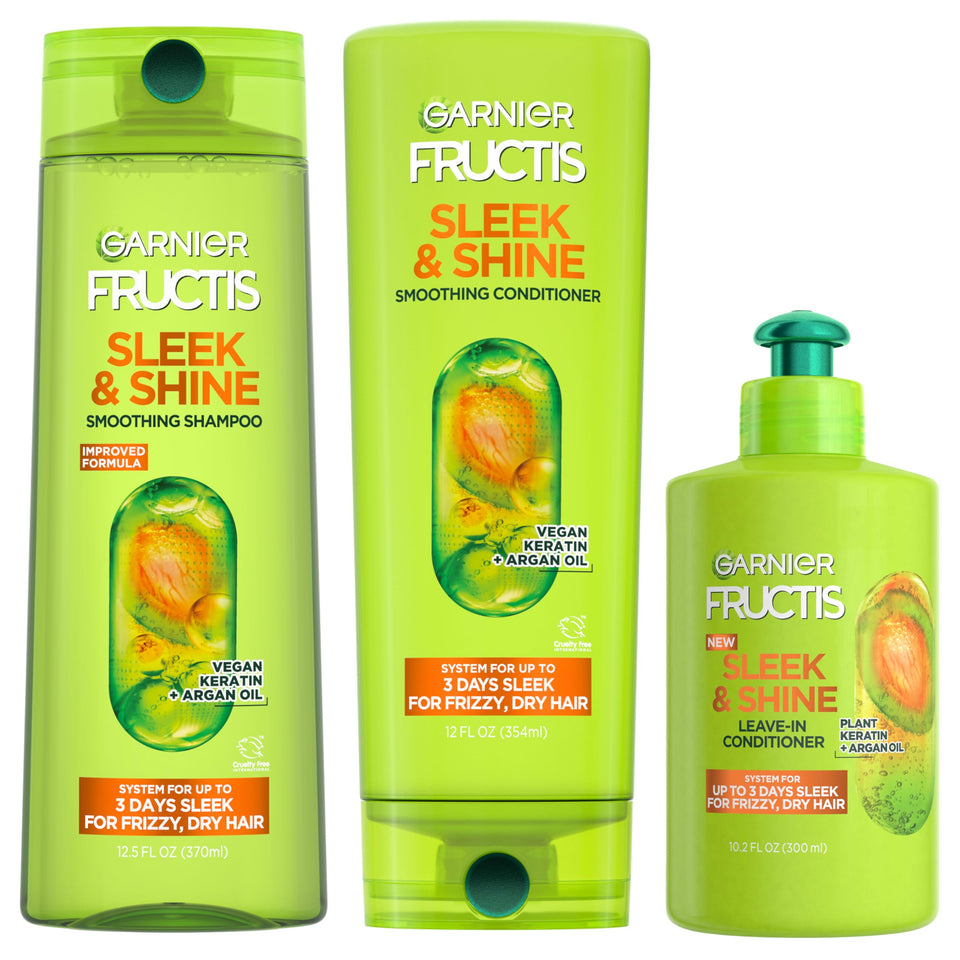Garnier front packaging showing full three‑piece sleek & shine kit and benefits