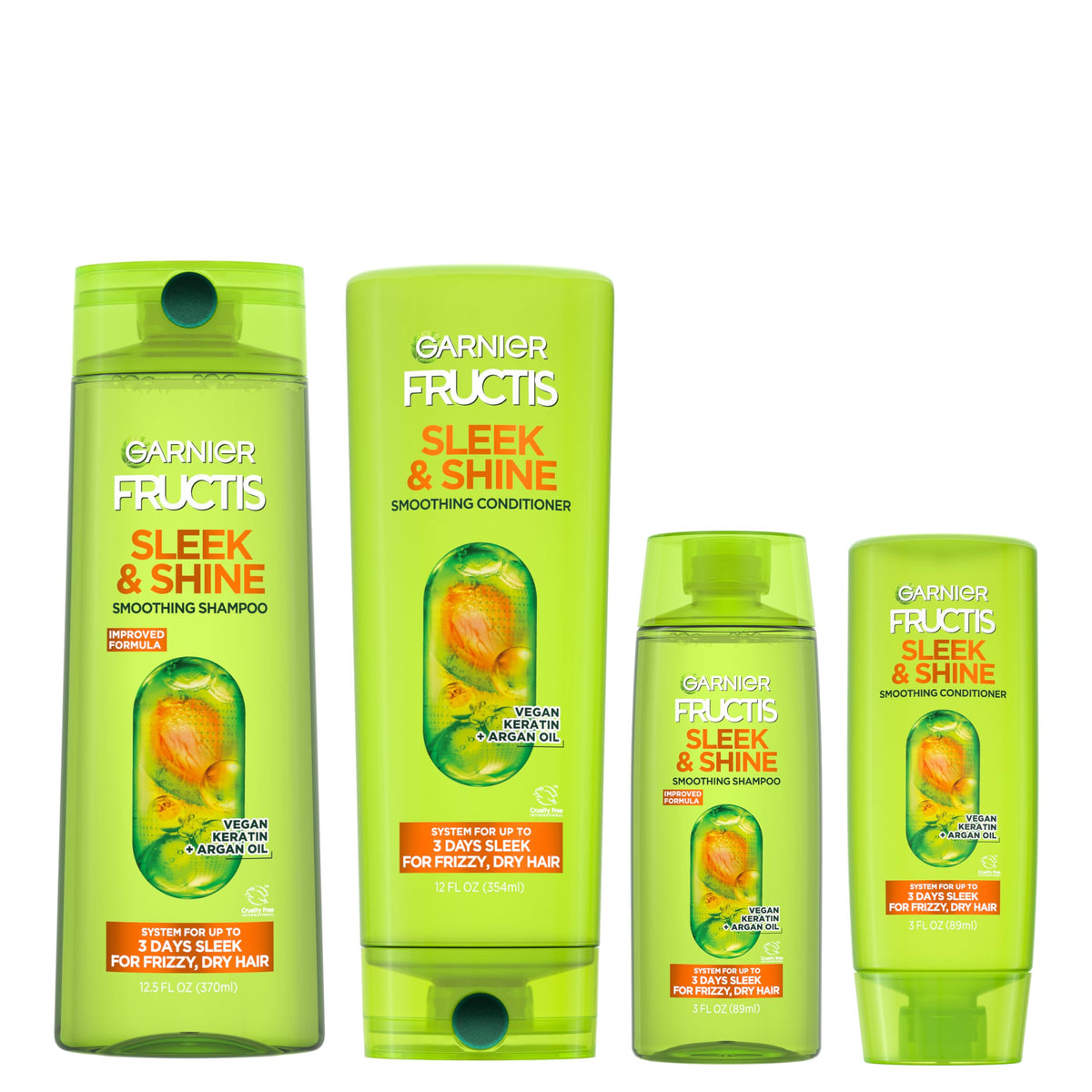 Garnier Fructis front packaging showing full and travel bottles and benefits