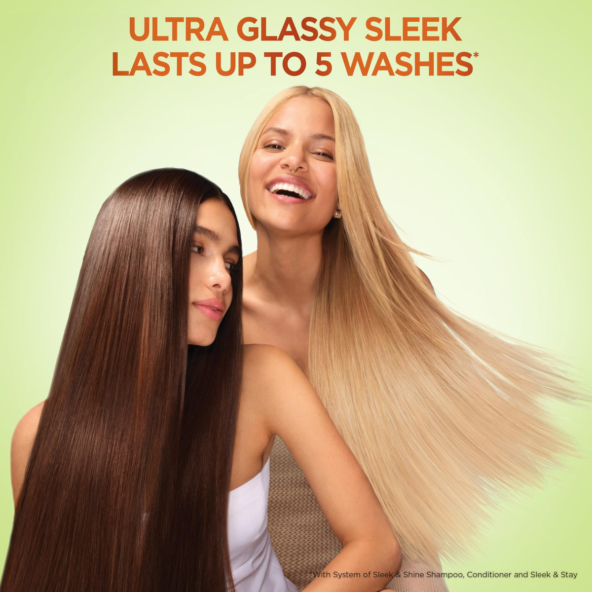 Garnier lifestyle model with straight smooth hair showing visible frizz reduction