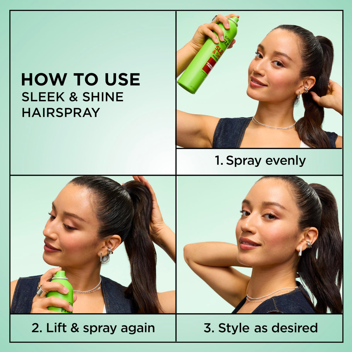 Garnier Fructis spray mist texture shown dispersing evenly for lightweight hold