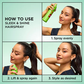 Garnier Fructis spray mist texture shown dispersing evenly for lightweight hold