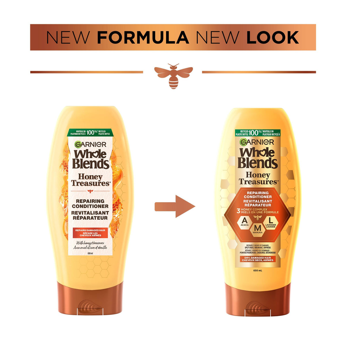 Garnier Honey Treasures before and after hair visual showing improved manageability