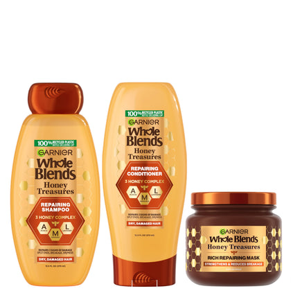 Garnier front packaging showing the Honey Treasures set and nourishing promise