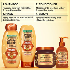 Garnier honey ingredients visual with honeycomb and flowers illustrating nourishment
