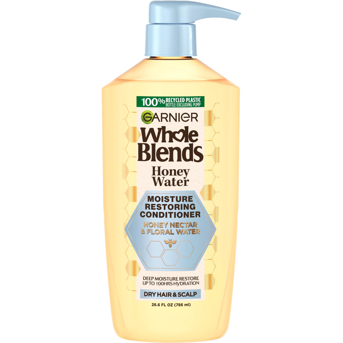 Garnier Whole Blends front packaging showing benefits and 26.6 fl oz size, clear product identity and hydration claims