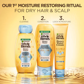 Before and after hair comparison using Garnier Honey Water, showing visibly smoother, hydrated lengths