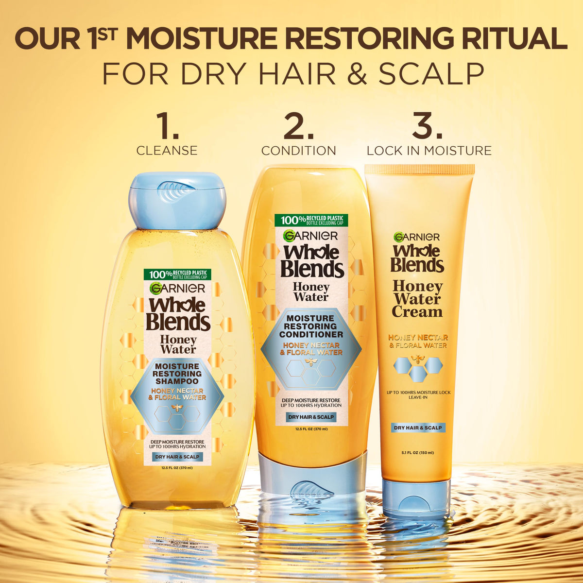 Garnier shampoo pouring into hand showing easy application and gentle formula