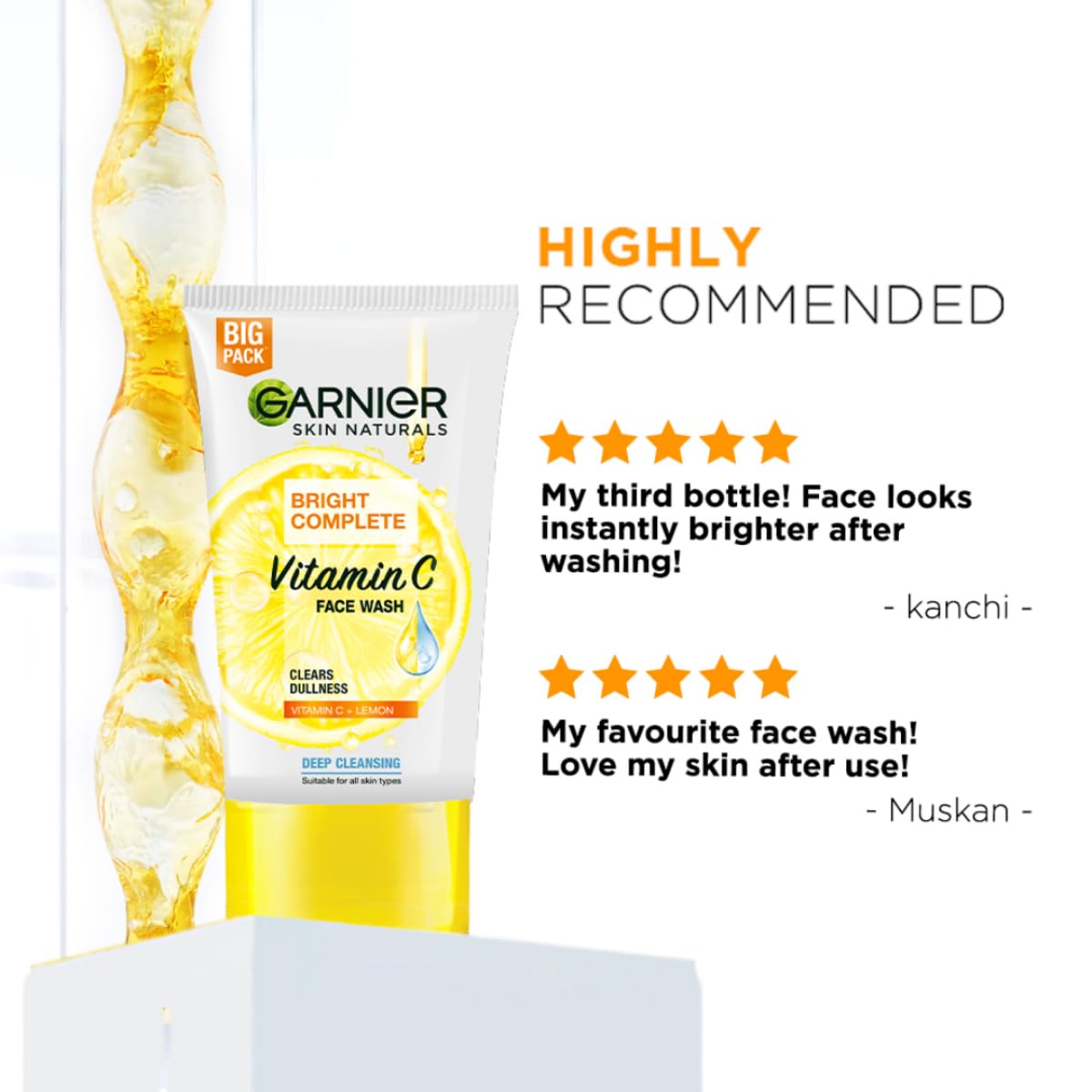 Garnier placed on bathroom shelf conveying everyday use and routine compatibility