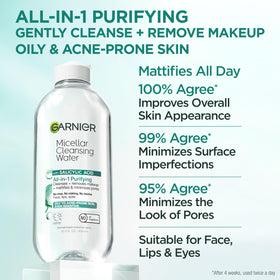 Garnier micellar bottle cap and label highlighting salicylic acid benefit