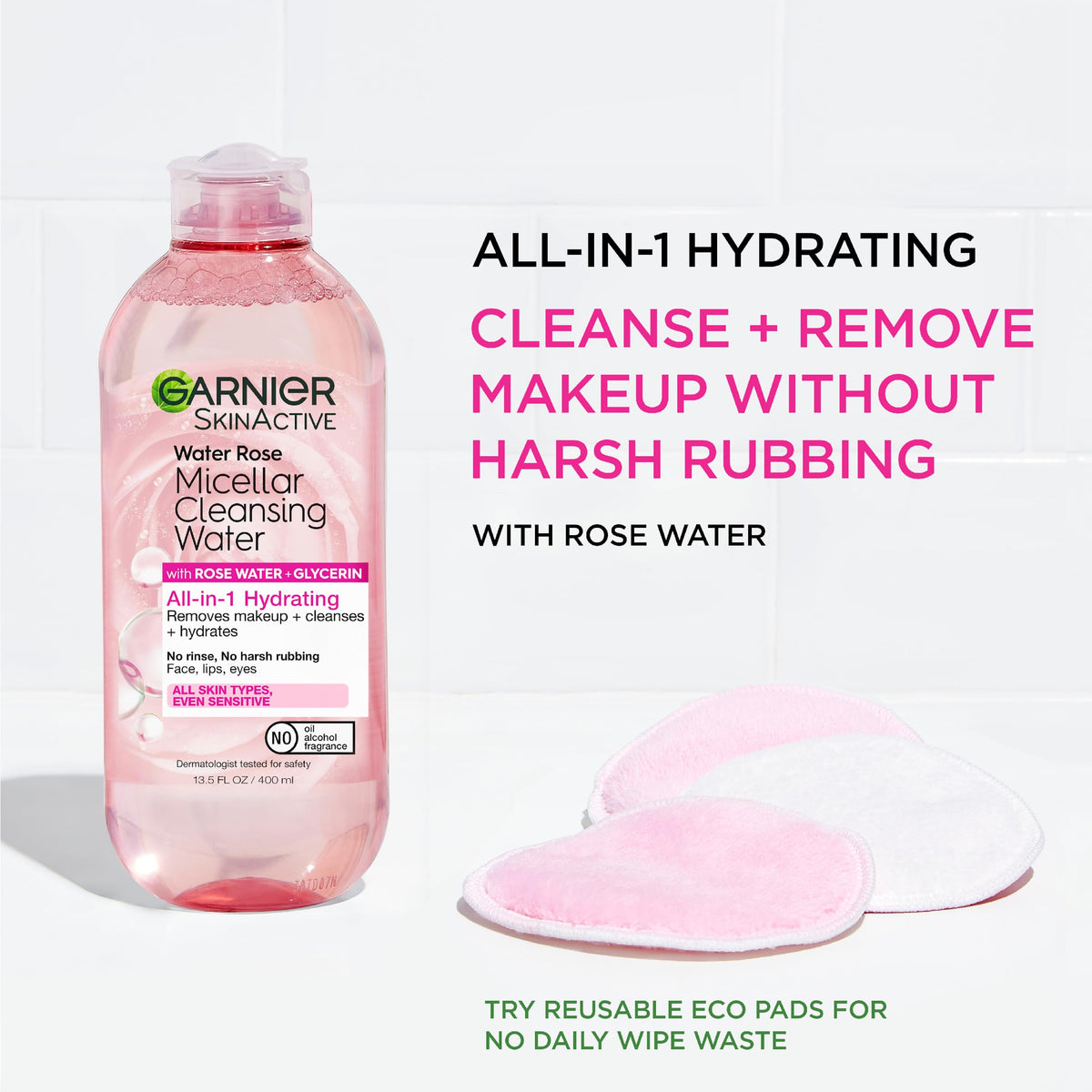 Garnier close-up of micellar water texture, highlights gentle formula