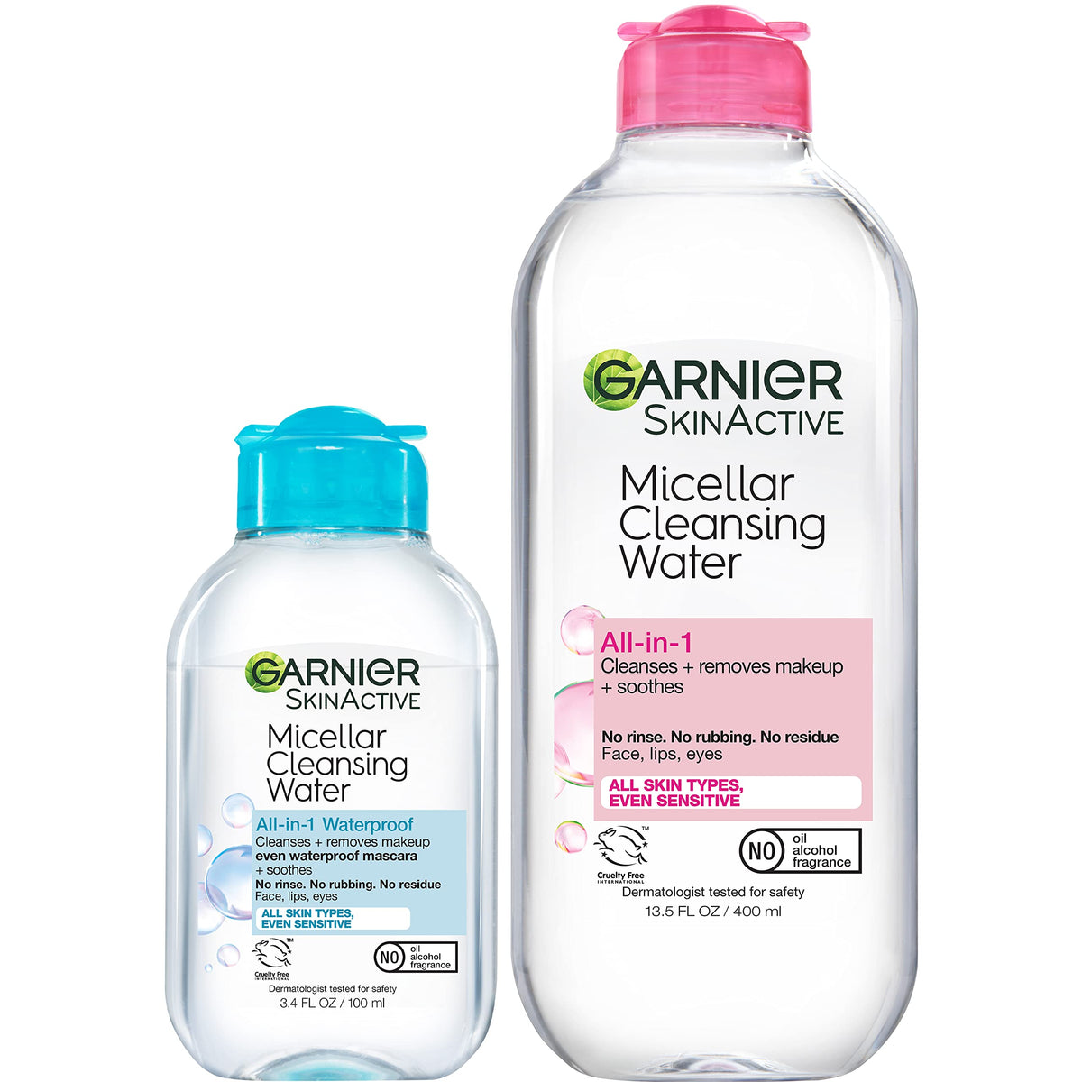 Garnier front packaging showing both micellar bottles, quick effective cleansing