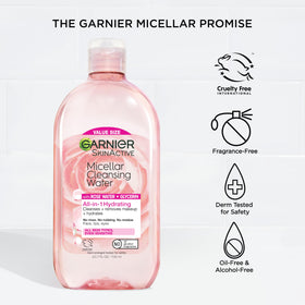 Garnier bottle in use removing eye makeup gently with cotton pad for less rubbing