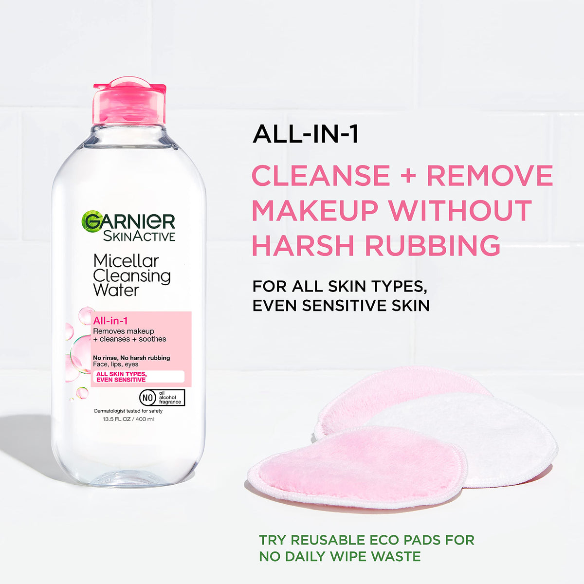 Garnier close-up of large bottle label, clear directions and gentle formula benefit