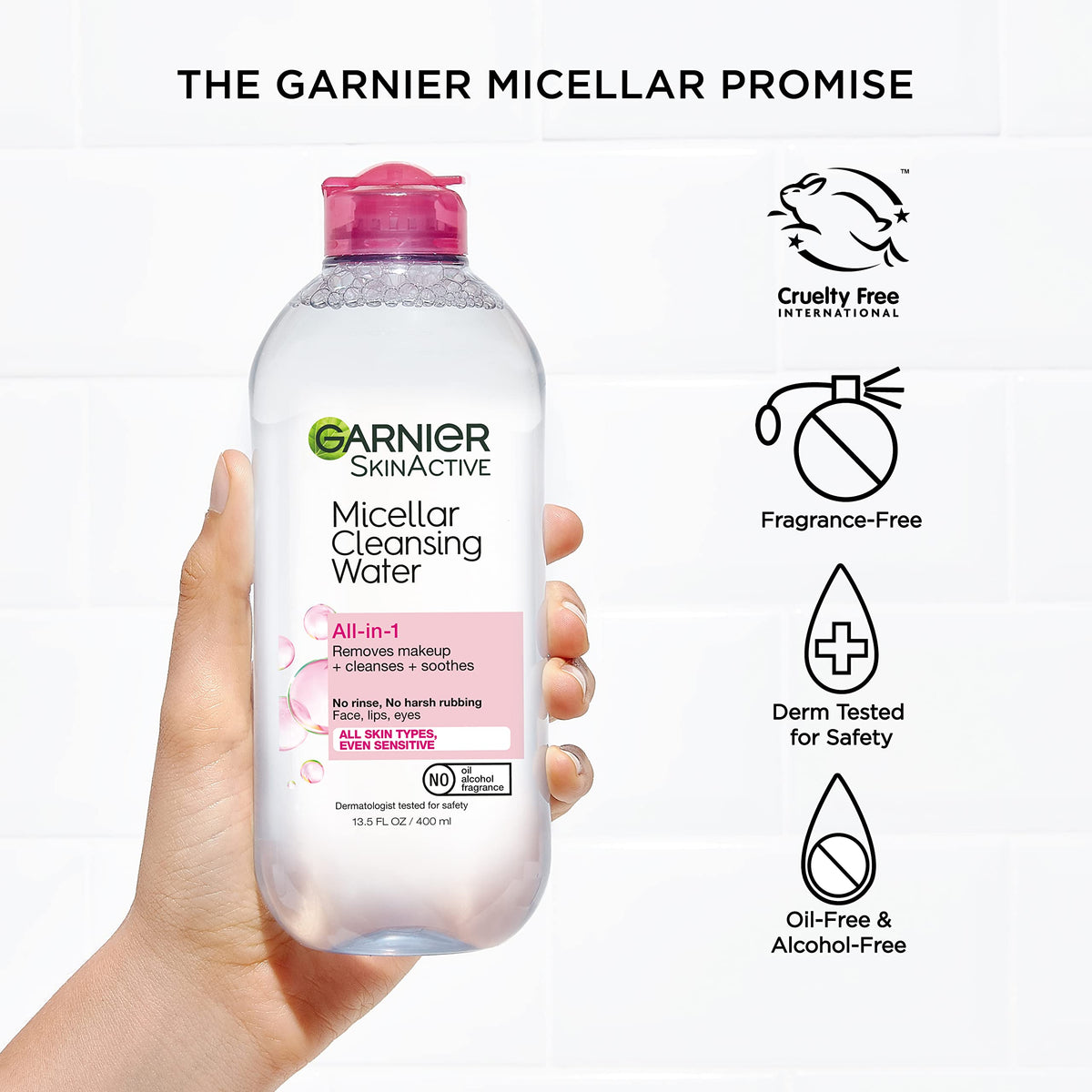 Garnier bottles on bathroom vanity in lifestyle setting, simple skincare routine benefit