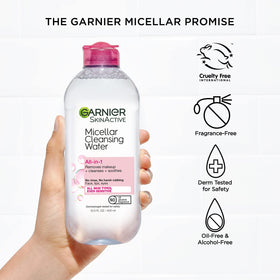 Garnier bottles on bathroom vanity in lifestyle setting, simple skincare routine benefit