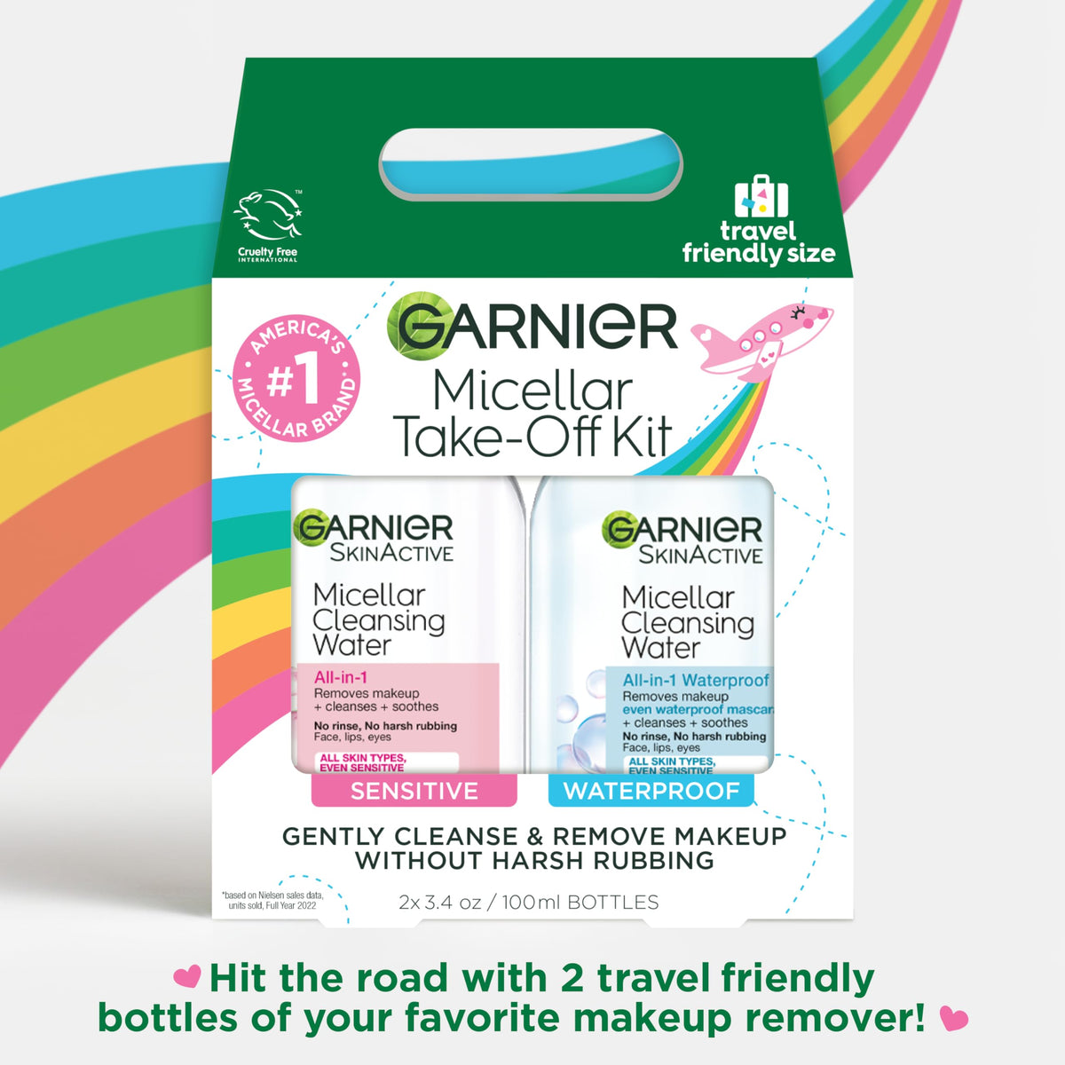 Close-up of Garnier micellar mini bottle label highlighting formula and claims