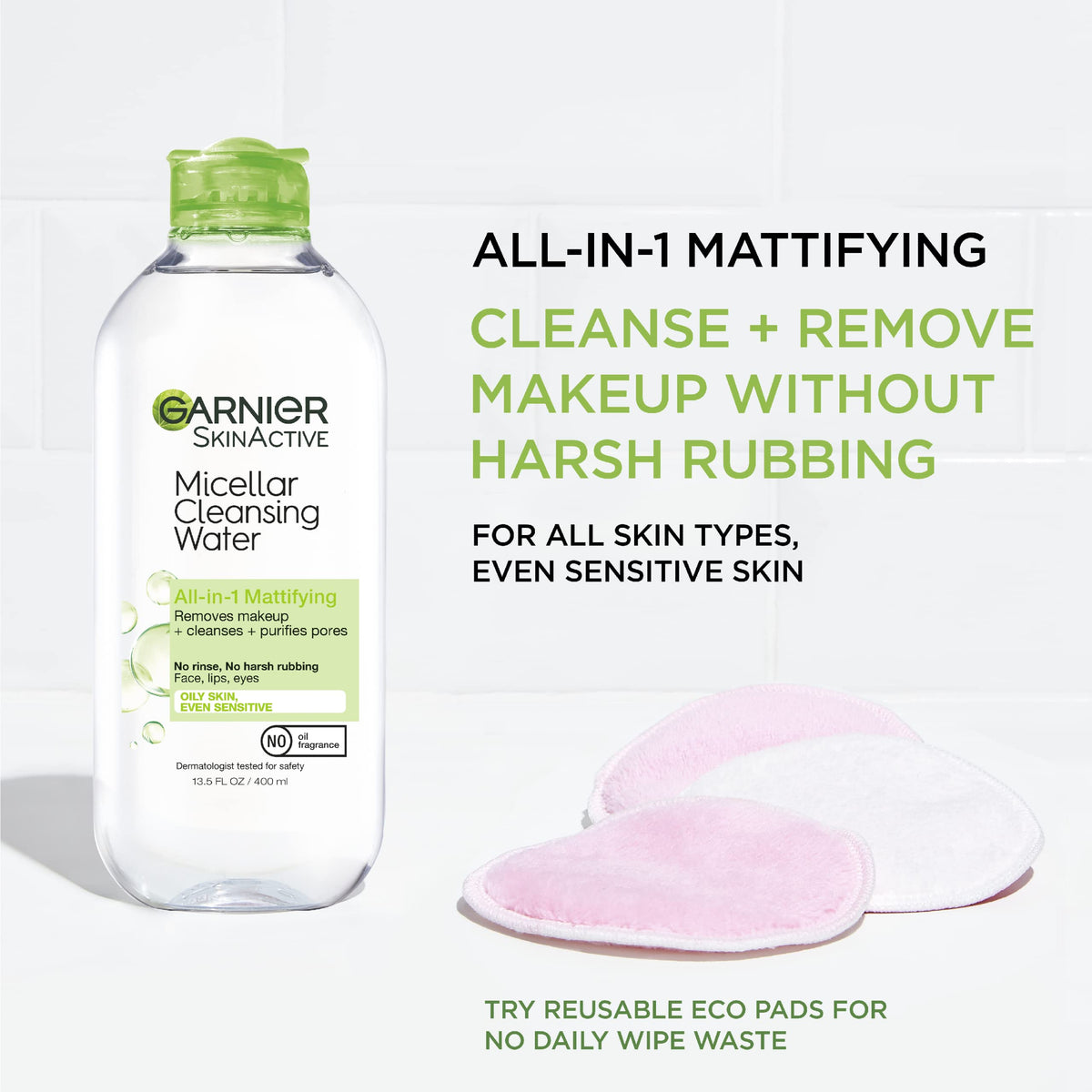 Close-up of clear micellar solution texture highlighting Garnier gentle cleansing