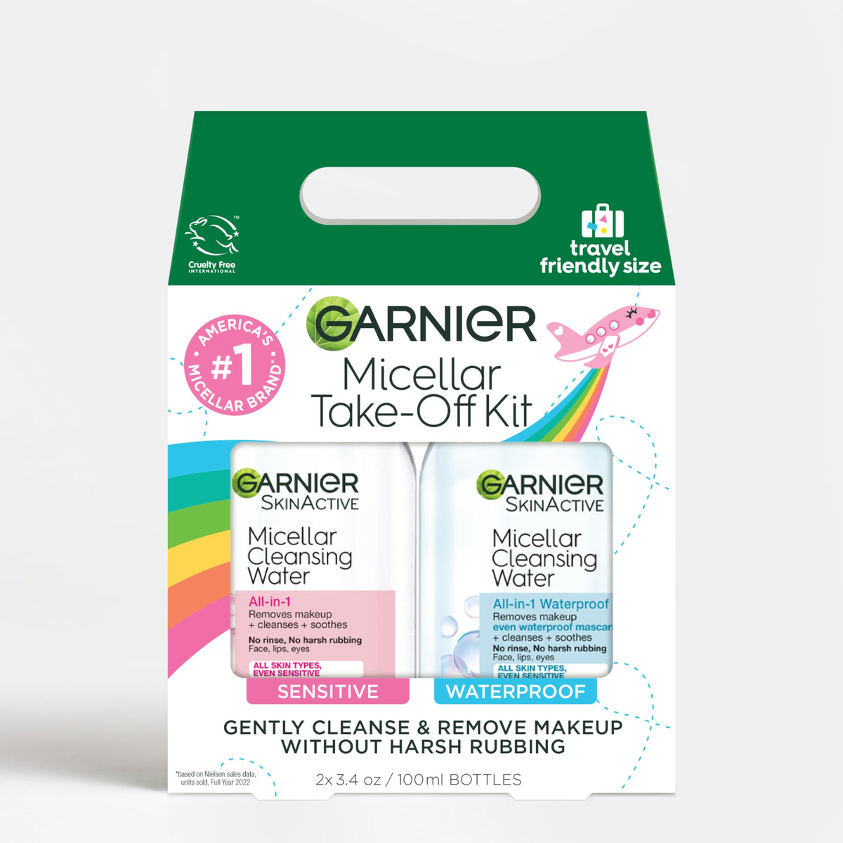 Garnier travel kit front packaging showing two mini micellar bottles and benefits