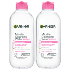 Garnier micellar water front packaging showing clear bottle and label, gentle cleansing benefit
