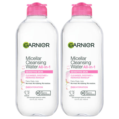 Garnier micellar water front packaging showing clear bottle and label, gentle cleansing benefit