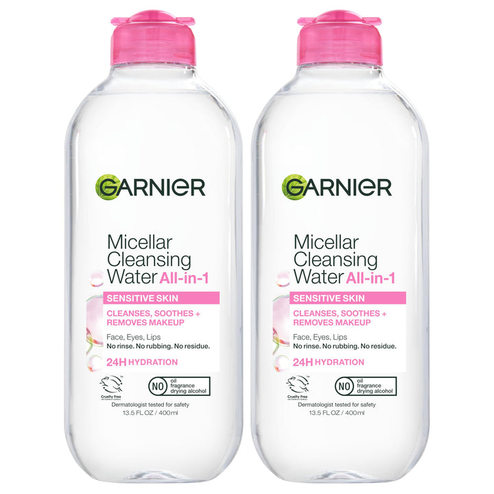 Garnier micellar water front packaging showing clear bottle and label, gentle cleansing benefit