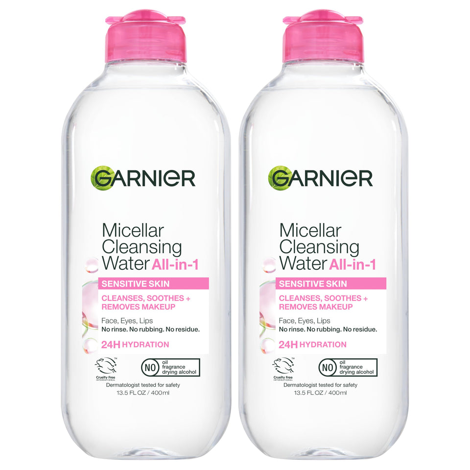 Garnier micellar water front packaging showing clear bottle and label, gentle cleansing benefit