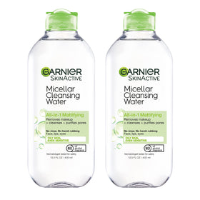 Garnier micellar water front packaging showing label and 400mL size, clear benefit of cleansing