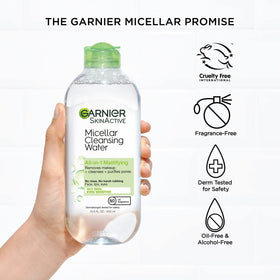 Garnier micellar water removing eye makeup on closed eyelid, gentle and non-irritating