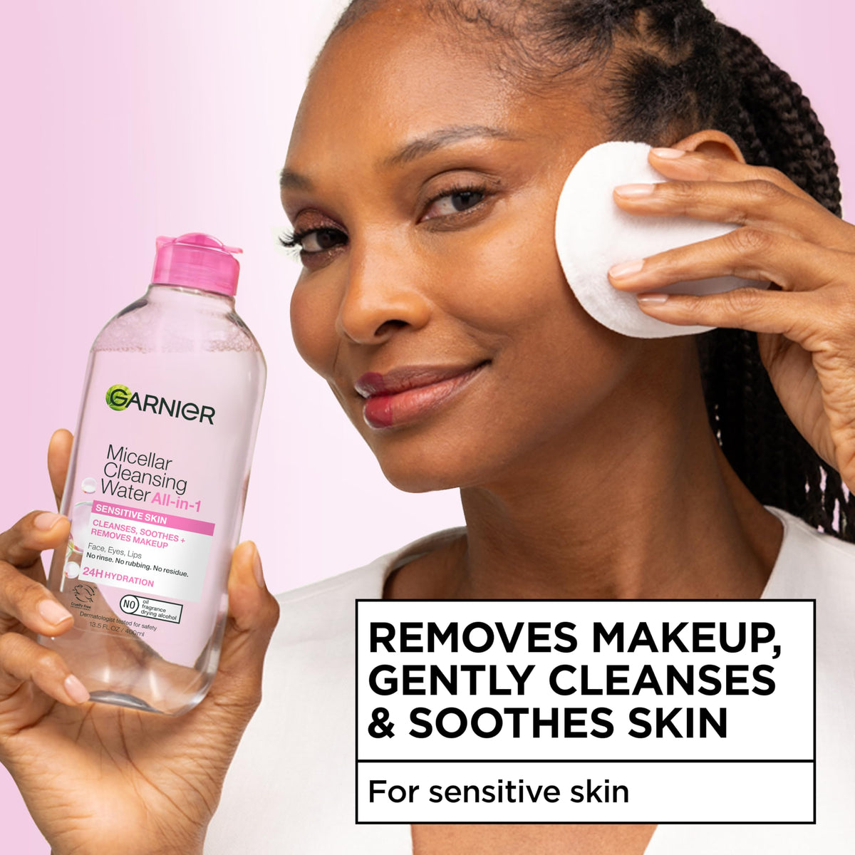 Garnier pouring clear micellar water into a cotton pad for easy cleansing