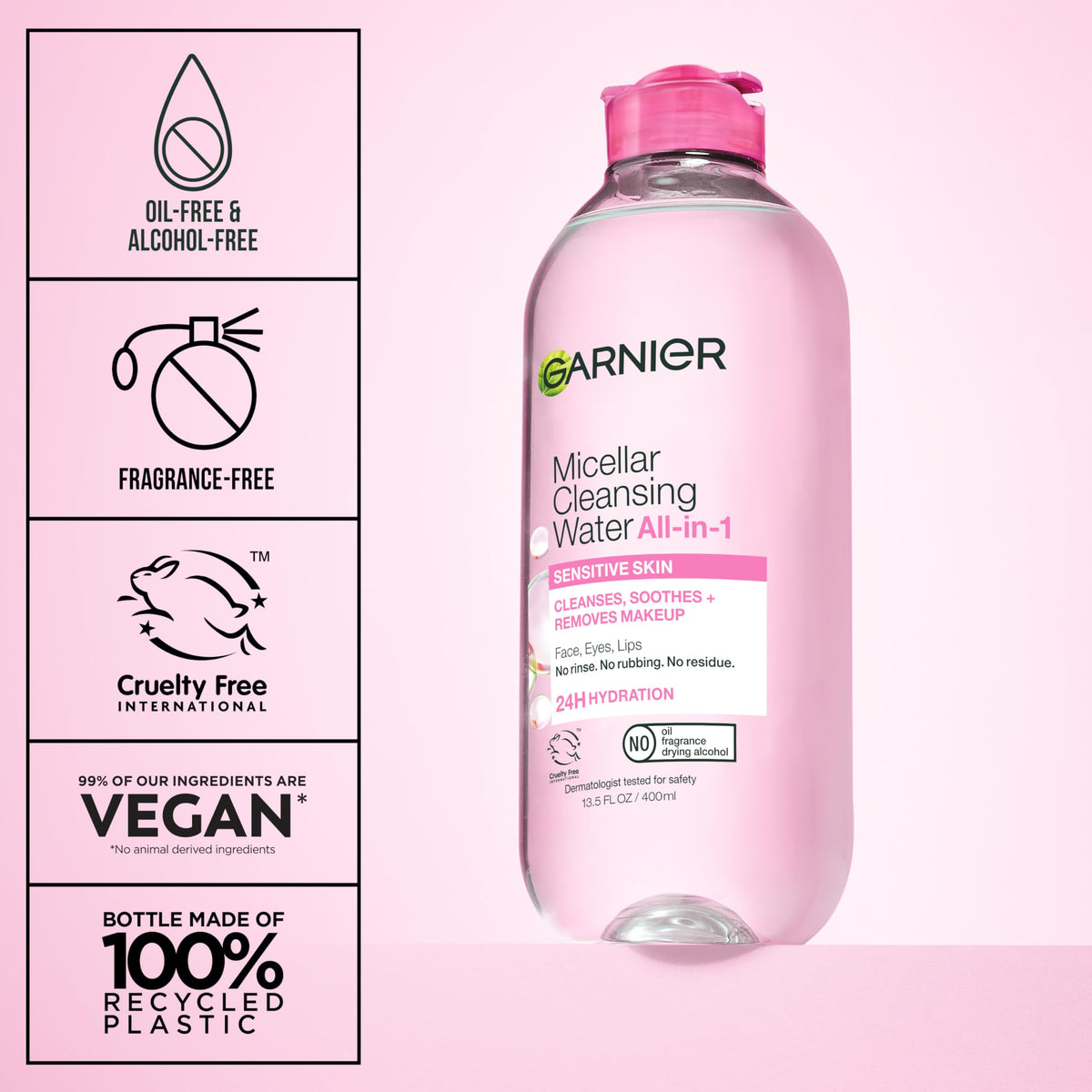 Garnier micellar water bottle held in hand to show 400ml scale, travel-ready convenience