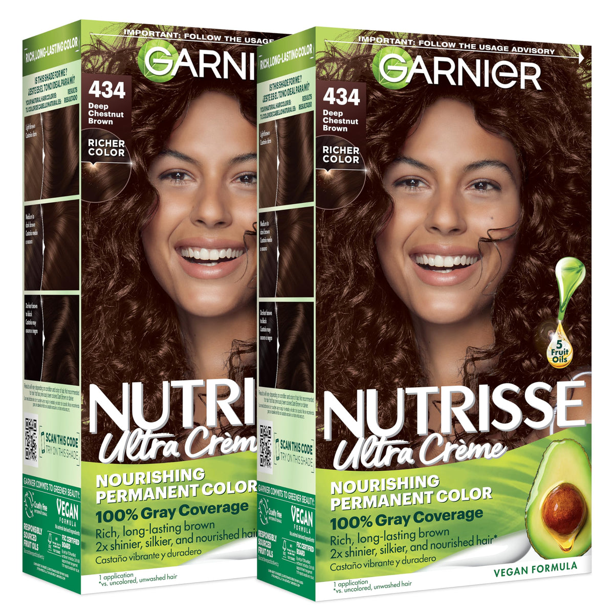 Garnier front packaging showing shade 434 deep chestnut brown and benefits