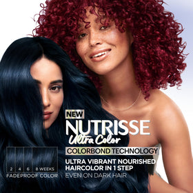 Garnier Nutrisse kit contents laid out to show developer, colorant, oil ampoule, conditioner