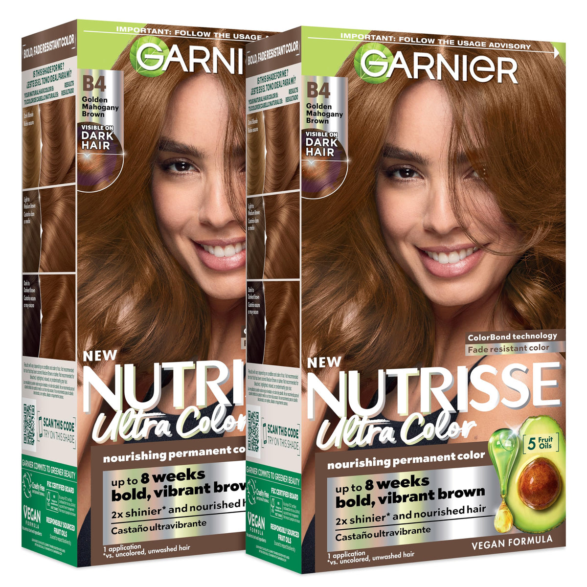 Garnier Nutrisse front packaging showing B4 Golden Mahogany Brown shade and benefits